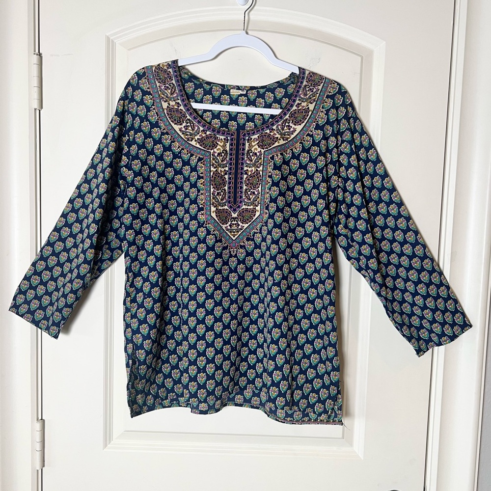 Boho Indigo Block Print Kurti Tunic Top - Embroidered Split Neck